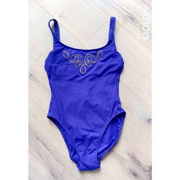 Vintage 80s Swimsuit One Piece Purple Gold Size Medium Modest Fit Pool USA Made - Picture 1 of 6